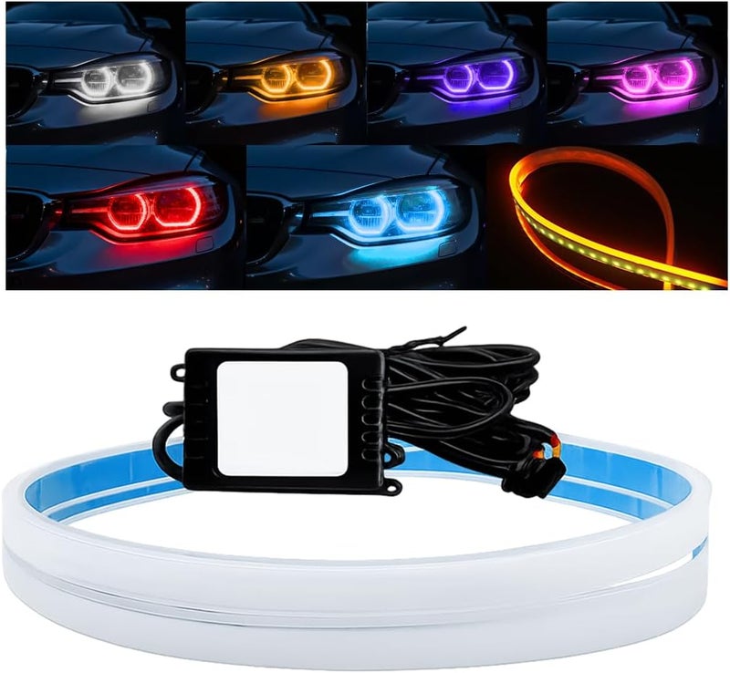 Sandfren 2PCS Car Headlight LED Strip Light, 24" Flexible Dual Color Turn Signal Light Strip with Dynamic Streamer Effect, Waterproof Automotive Daytime Running Lamp, Universal Fit (Multicolor) - Image 1